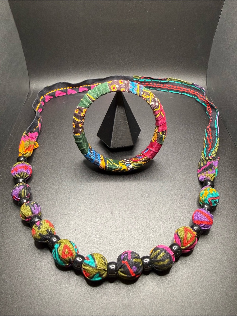 Handmade Multicolor Fabric Bead Necklace and Bracelet Set